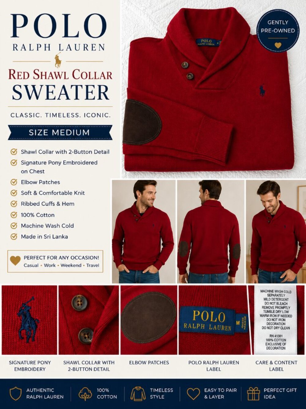 Polo Ralph Lauren Red Shawl Collar Sweater w Suede Elbow Patches|Sz Medium